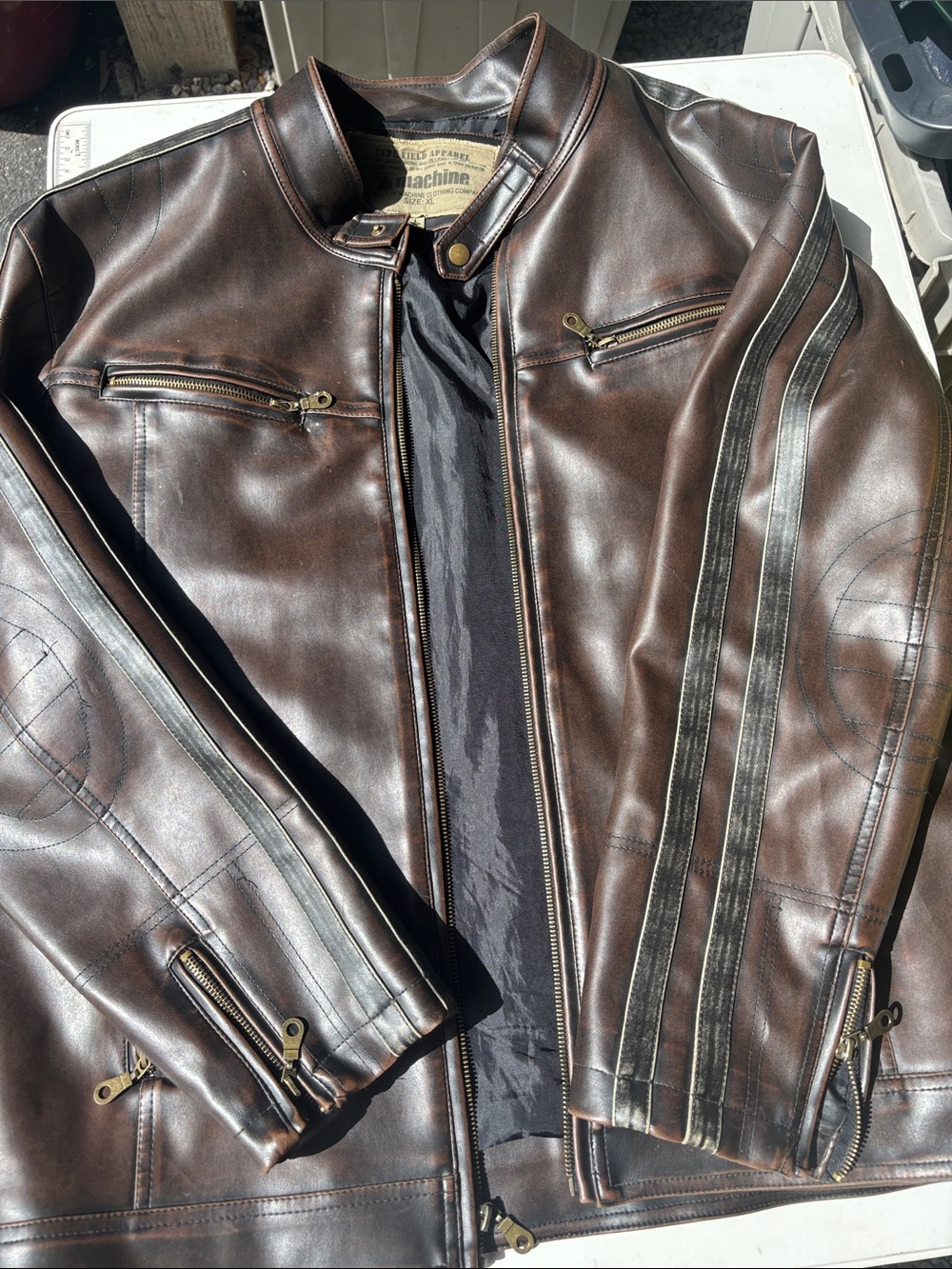 Machine Brown Leather Bomber Jacket with Racing Stripes - Picture 1 of 7